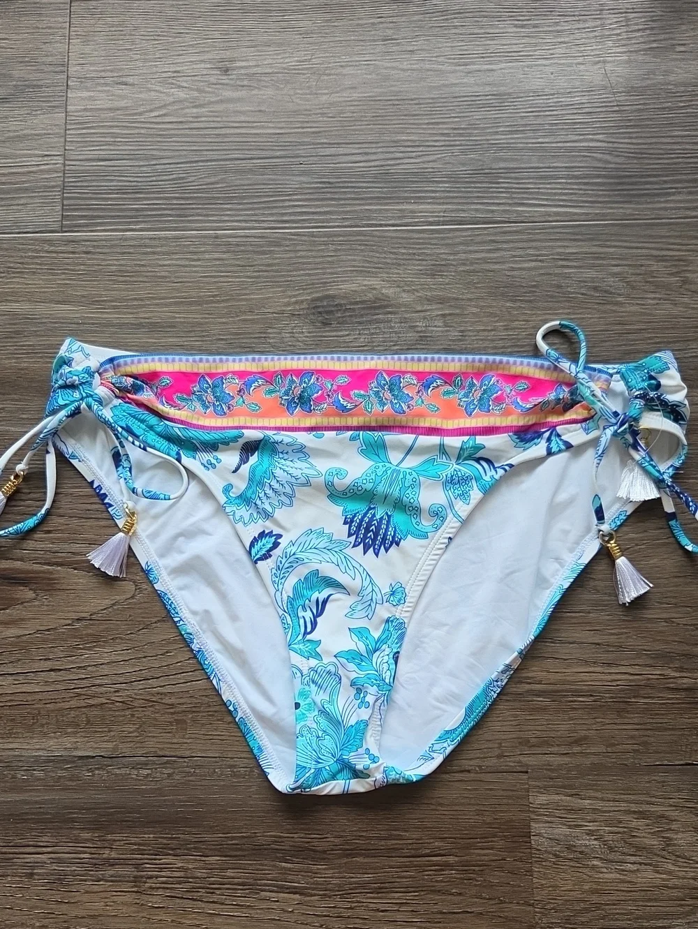 Nwot La Blanca White & Aqua Floral Tie-Side Bikini Bottom Size 12